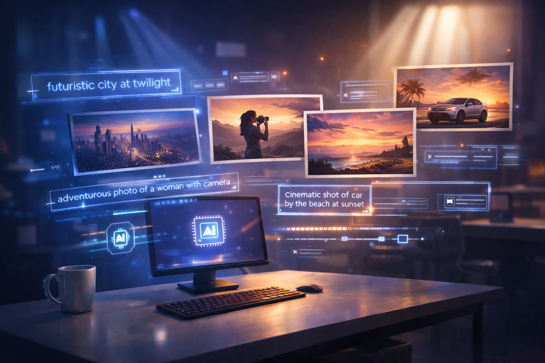 AI prompt text transforming into visual scenes and image frames representing prompt pack creativity