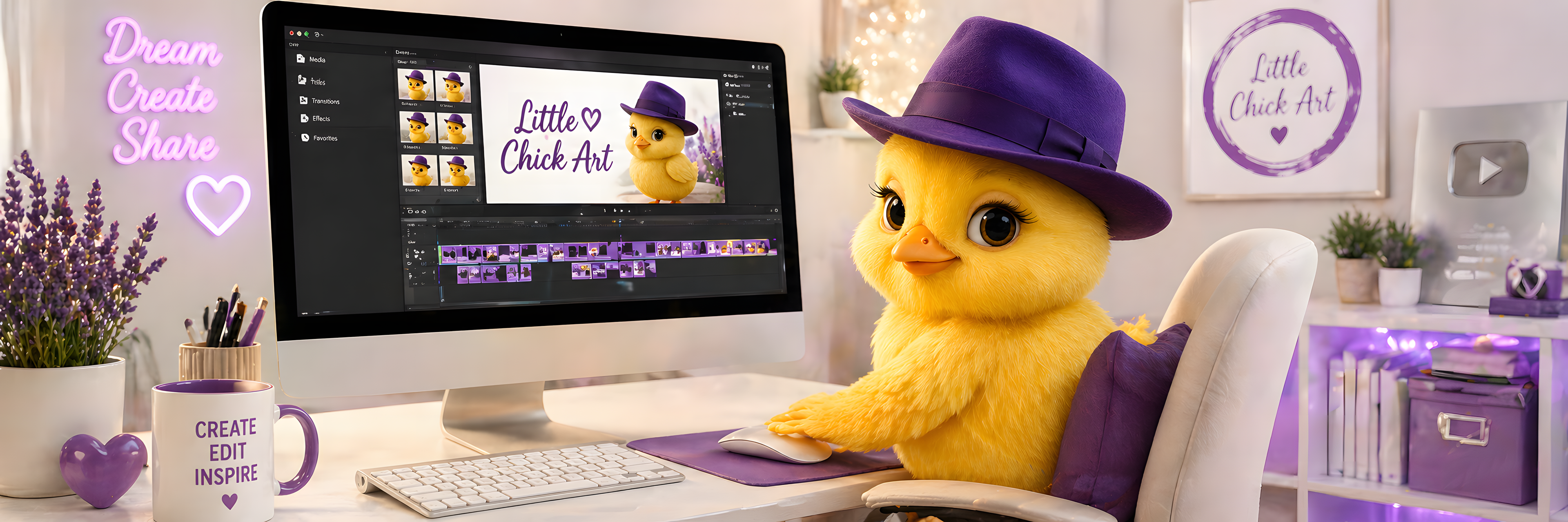 Yellow chick mascot in a purple hat working at a computer in a home office setting.